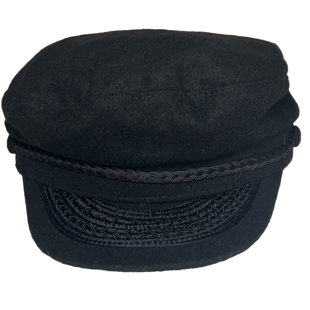Vintage Black Greek Fisherman Mariner Cap Hat Nautical Anchor Size XL
